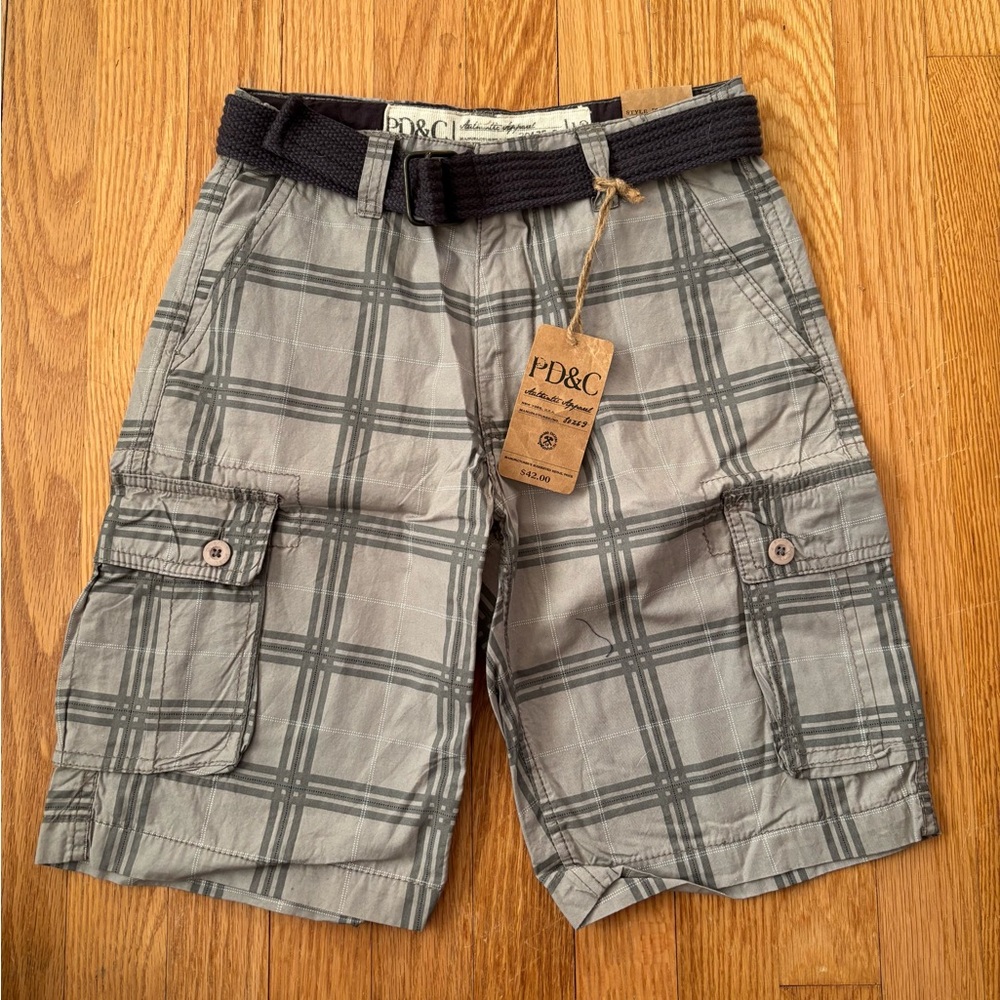 PD&C Boys Plaid Cargo Shorts with Belt - Size 12